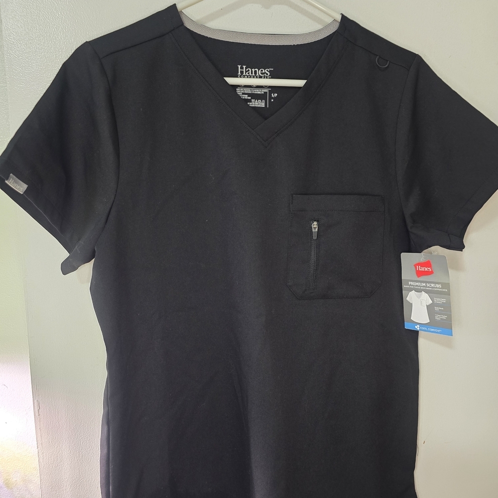 Hanes Black Scrub Top NWT Women’s Small Healthcare Uniform V Neck